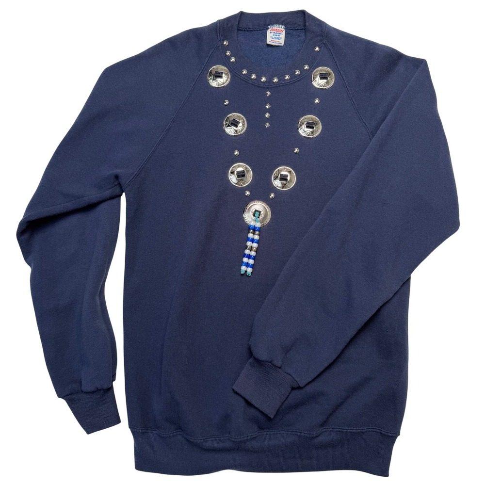 Vintage Jerzees Western‎ Concho Studded Sweatshirt Navy Blue Made in USA Medium